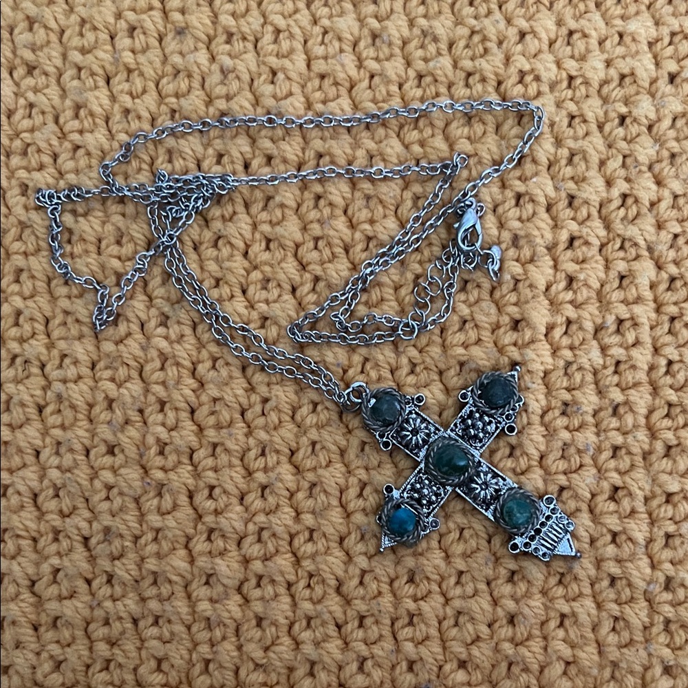 Elegant Silver and Green Cross Necklace